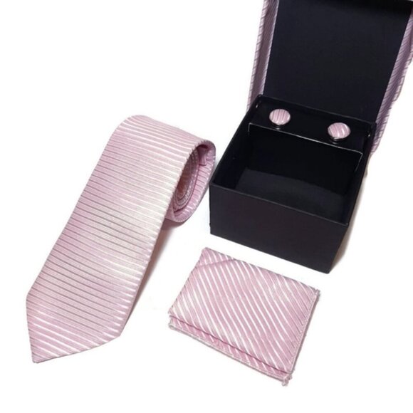 NEW Mens Pink 3 Pc Boxed Tie Set Coordinated Print Cuff Links Pocket Square Gift - Picture 1 of 9